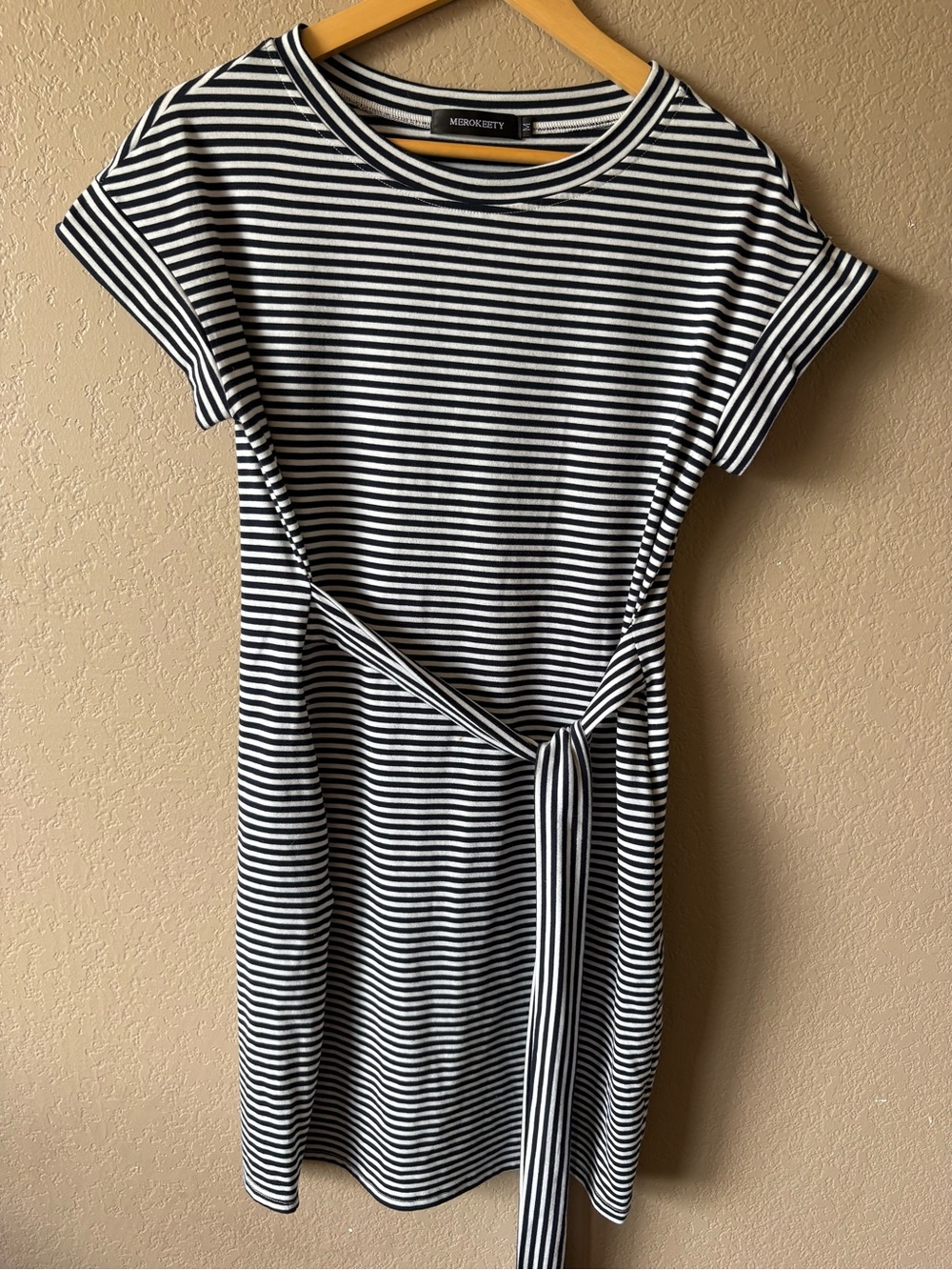 MEROKEETY Women's navy White Striped Short Sleeve Tie Waist Size M